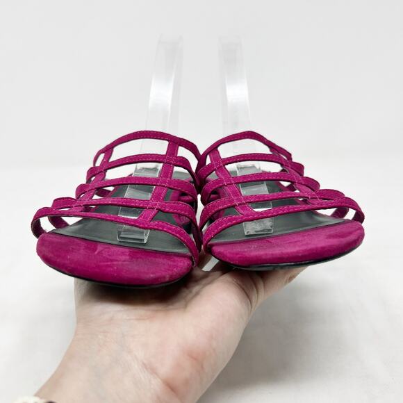 [Urban Outfitters] Fuchsia Pink Faux Suede Caged Lattice Block Heel Mules Sz 10 - Picture 5 of 11
